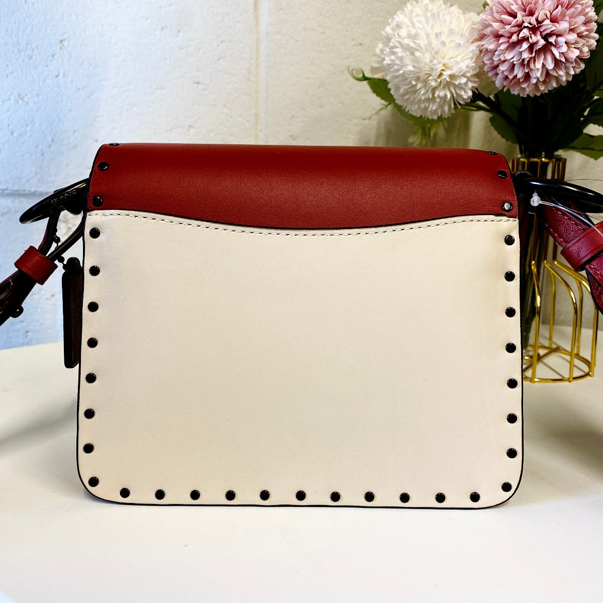 Coach C2661 Beat Shoulder Bag 18 In Colorblock With Rivets In Red Sand Ivory Multi Coach C2661 Beat Shoulder Bag 18 In Colorblock With Rivets In Red Sand Ivory Multi